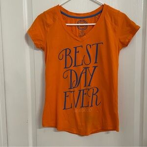 Life Is Good BEST DAY EVER Orange Short Sleeve Tee Blue Graphics Size Small